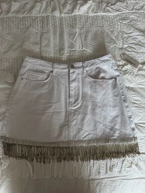 Blank NYC White Mini Skirt with Silver Beaded Fringe